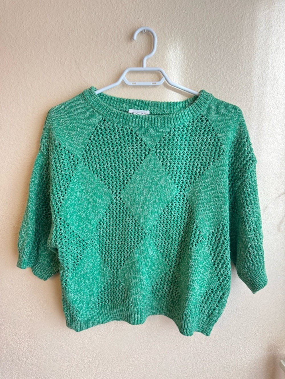 Hudson North Green Knit Sweater Top Argyle Open Knit 3/4 Sleeve Lightweight Crop - Picture 2 of 8